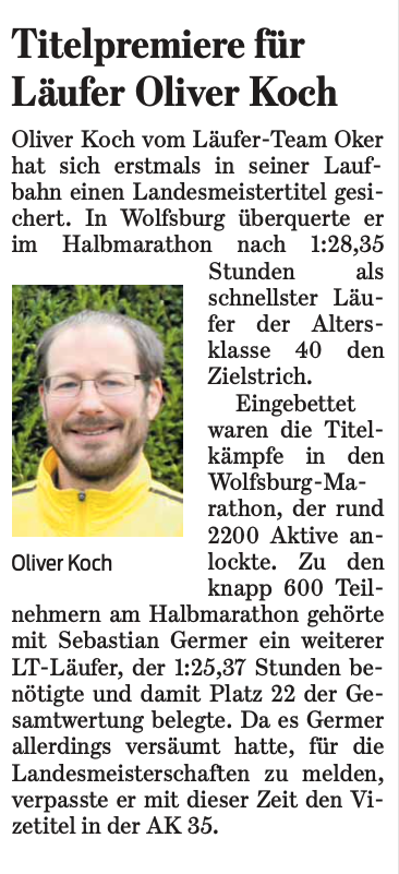 Zeitungsartikel Landesmeisterschaften Halbmarathon in Wolfsburg